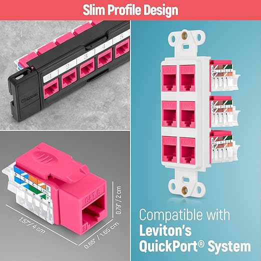 Everest 45° Angled RJ45 Cat6 Keystone Jacks 50-Pack in Pink - Slim Profile Female RJ45 Connectors - Cat 6 Keystone Jack - Compatible with 45° Angled Speed Termination Tool - 45Term (B0BL3GS7ZY)