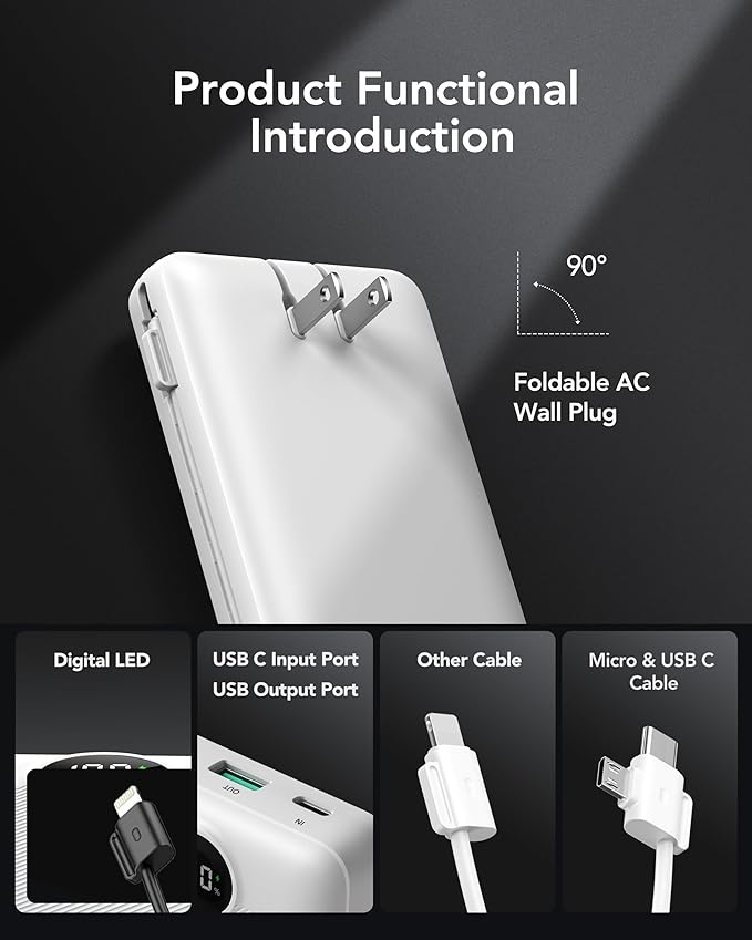 VRURC Power Bank 20000mAh, Fast Charging Portable Charger USB C,4 Output 2 Input Travel Essentials Charging Bank Equipped with LED Display,Built-in Wall Plug and Cables,Phone Charger Battery,White