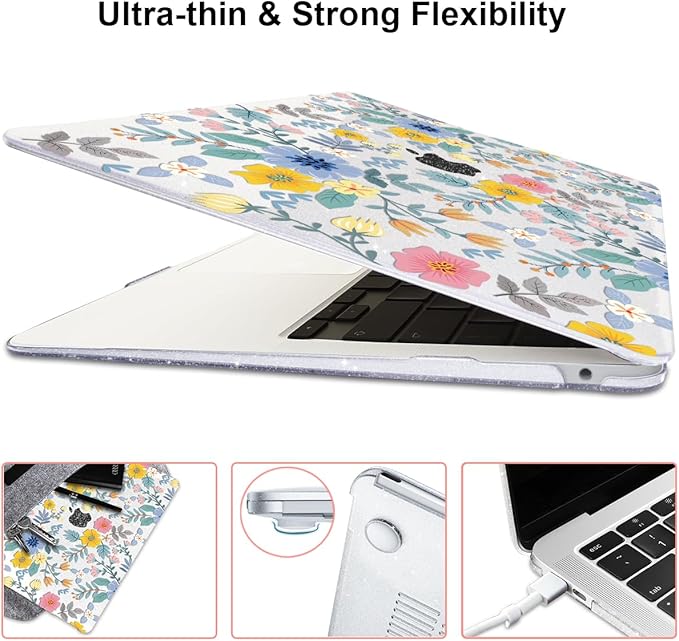 Compatible with MacBook Air 13 Inch M1 Case 2021 2020 2019 2018 Release A2337 A2179 A1932 Touch ID, Shiny Crystal Pattern Plastic Hard Shell Case Keyboard Cover Screen Film, Flowers L213