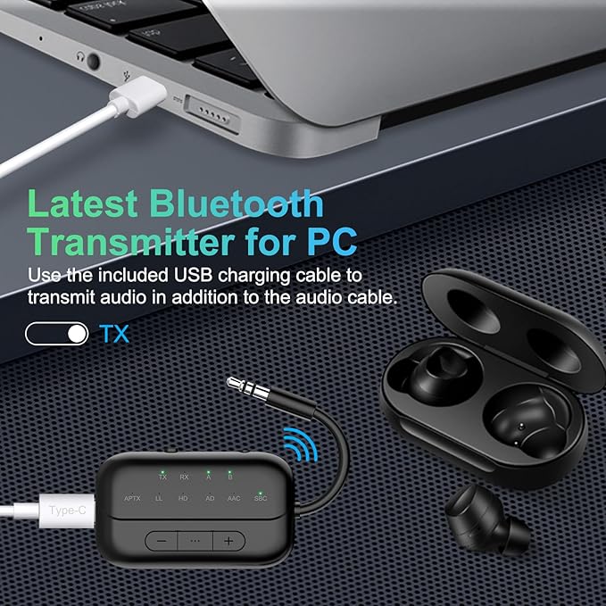 Bluetooth Transmitter Receiver, 2-in-1 V5.3 Wireless Adapter for Airplane, TV, PC, Gym, Switch. Supports up to 2 AirPods/Headphones. Audio Receiver for Car/Home Stereo,with AptX Low Latency & HD