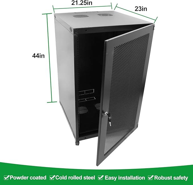 22U Server Cabinet Wall Mount Rack Enclosure with Caster Wheels 2 Server Fans Locking Grid Gate Removable Side Panels 19" Network Cabinet 15-18.5" Installation Depth Heavy-duty frame(22u cabinet 44IN)
