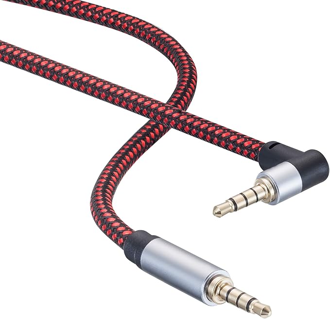 Male to Male Audio Cable 15Ft, 90 Degree TRRS 3.5mm 4 Pole Nylon Braided Stereo Aux Cable for Headphones, PS4, Phone, Tablet, Headset, PC, Laptop and More (15Ft)