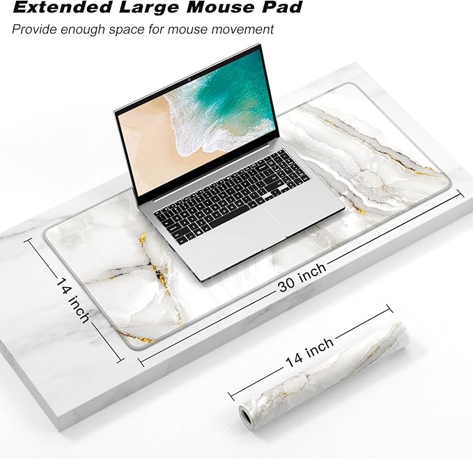 Extended Gaming Mouse Pad, XXL Large Desk Pad 30 x 14 Inch, Big Computer Keyboard Mousepad, Waterproof Mouse Mat with Stitched Edges and Non-Slip Base for Women Office Gaming, White Marble