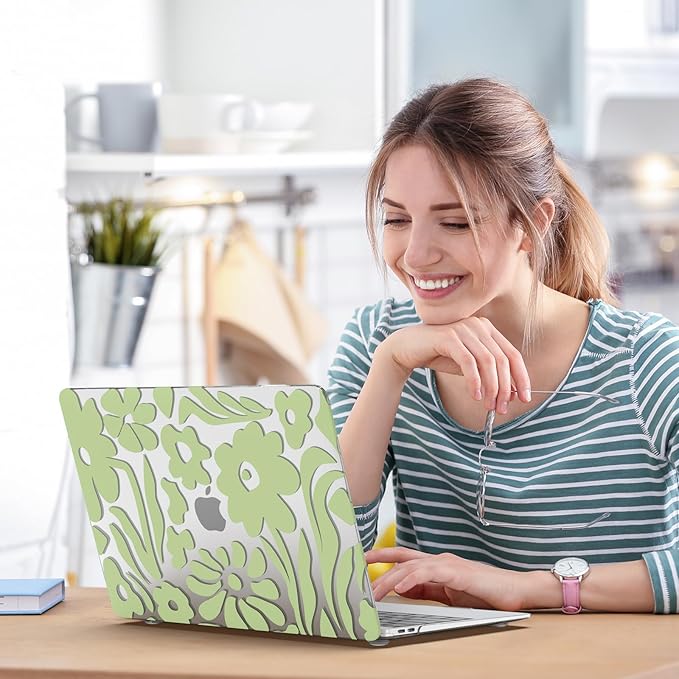 iCasso Compatible with MacBook Air 13 inch Case 2020-2018 Release M1 A2337 A2179 A1932, Green Flower Protective Hard Shell Case +Keyboard Cover + Screen Protector（Flower）