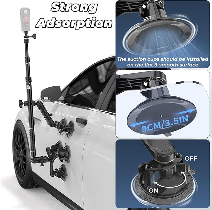 Suction Cup Car Mount - Aluminum Alloy Extendable Selfie Stick, Five 3.5" Large Suction Cup Car Windshield Camera Mount with Tripod Adapter Compatible with GoPro Insta360 DJI Action Cameras