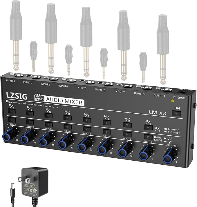 LZSIG Audio Mixer, Stereo Line Mixer for Sub-Mixing, Ultra Low-Noise, 8-Channel, Dynamic Microphone Independent Control, 1/4" & 1/8" TRS Output and Input, for Guitars,Bass,Keyboards