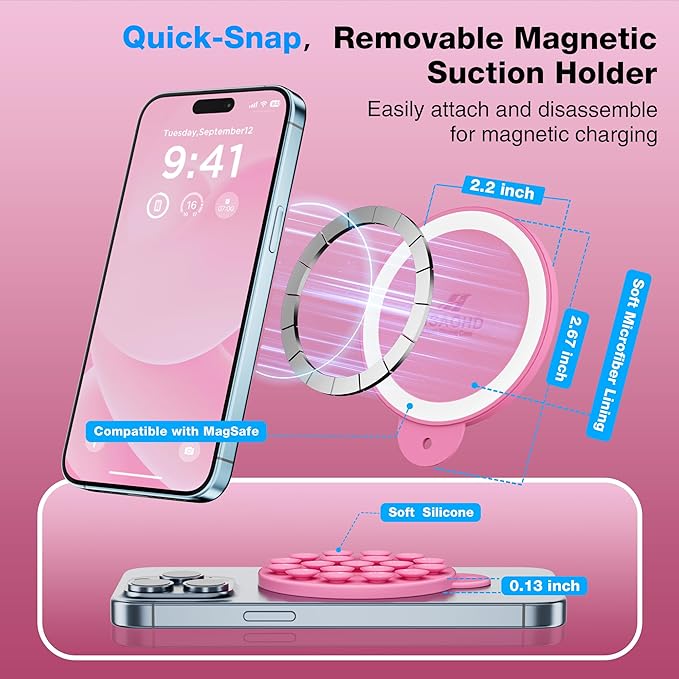 Magnetic Suction Cup Phone Mount for MagSafe Case, Silicone Hands-Free Phone Grip Holder for iPhone and Android, Mirror Shower Phone Stand for Makeup FaceTime Gym Kitchen Bathroom, Tender Pink