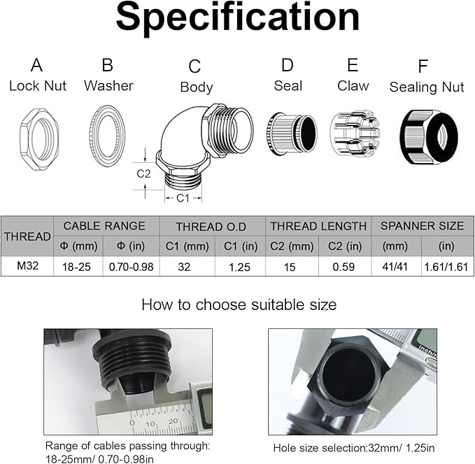 LeMotech M32 Cable Gland, 90 Degree Adjustable 18-25mm Strain Relief, Cord Connectors Nylon Joints with Gaskets, 2 Pcs, Black