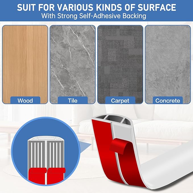 Floor Cord Cover Self Adhesive Cord Hider Floor Extension Cord Covers for Floor Power Cord Protector Cable Management Prevent Cable Trips Cable Cavity 0.51" W x 0.31" H (White, 20Ft)