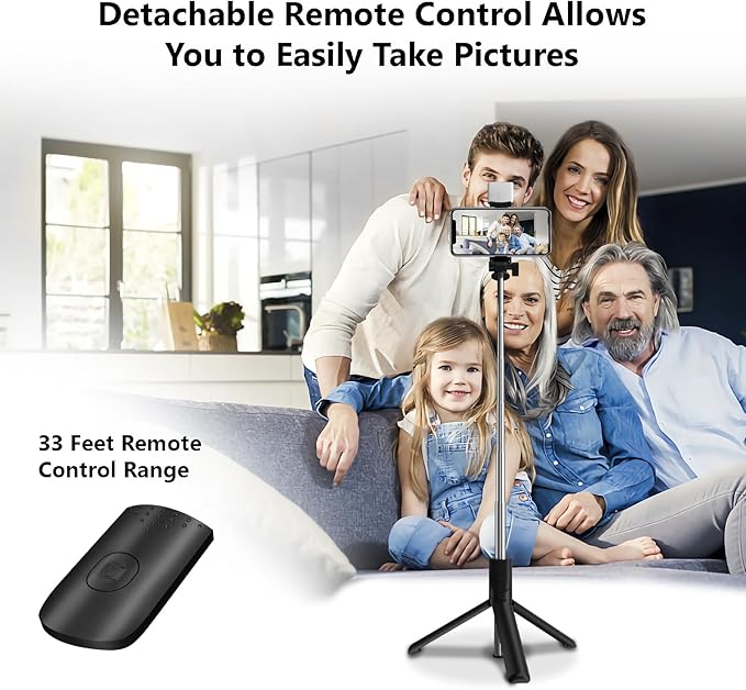 Selfie Stick, 40 in Retractable Phone Tripod with Wireless Remote Control & Light, Portable Selfie Stick Tripod for Photograph, Live Streaming, Video Recording, Compatible with All Cellphones