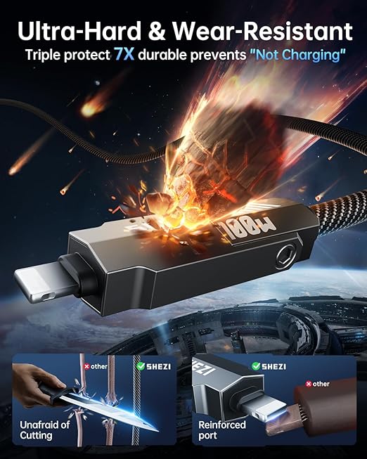 SHEZI Nylon Braided 4 in 1 USB C Cable 100W 3FT Compatible with Lightning Cable, Fast Charging for iPhone/iPad Charger Cord [480Mbps Data Sync],Multi Charging Cable with Type C/USB A, Grey