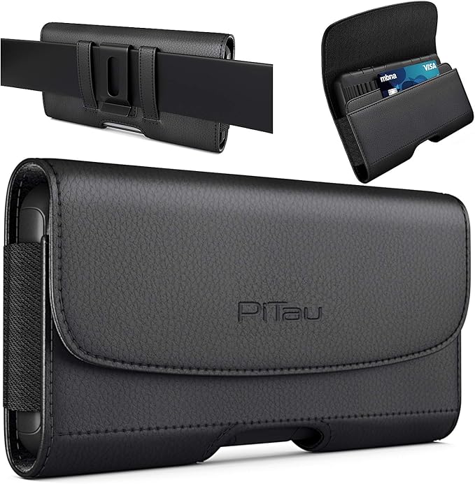 Case for Large iPhone Plus, Pro Max 16 15 14 13 12 11 Xs, Samsung Galaxy S25+ S24+ S23+ S22+ S21+, Cell Phone Belt Holster Clip, ID Card Holder Pouch, Fits Otterbox Case - Black
