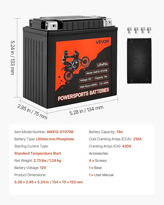 VEVOR Motorcycle Battery, 12 Volt 7Ah, LiFePO4 Lithium Pre-Charged Powersports Battery, Maintenance Free & High Performance, Compatible with ATV, Motorcycle, Jet Skis, Scooter, UTV, and More