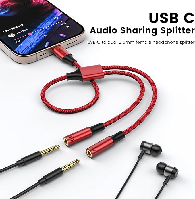 MOSWAG Type C to Dual 3.5mm Aux Headphone Jack Adapter, Hi-Res 2 Way Audio Y Cable Cord Compatible with iPad Samsung S23 S22 Google Pixel 7 6 Pro 5