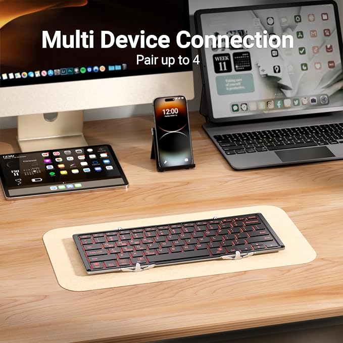 iClever Backlit Foldable Keyboard, BK05 Wireless Folding Keyboard with Backlight, Portable Bluetooth Key Board for Travel, Compact for iPad Tablet Laptop PC Smartphone, Support 4 Devices