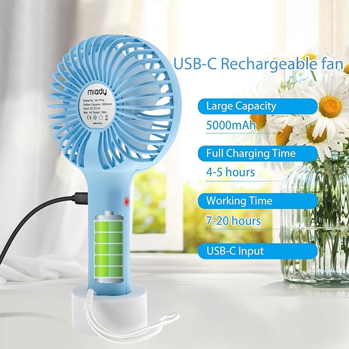 Miady 2-Pack Upgraded 5000mAh Portable Handheld Fan 3 Speed Mini USB Strong Wind 7-20 Hours Runtime Personal Electric for Travel Office Outdoor (Cream Blue+pink)