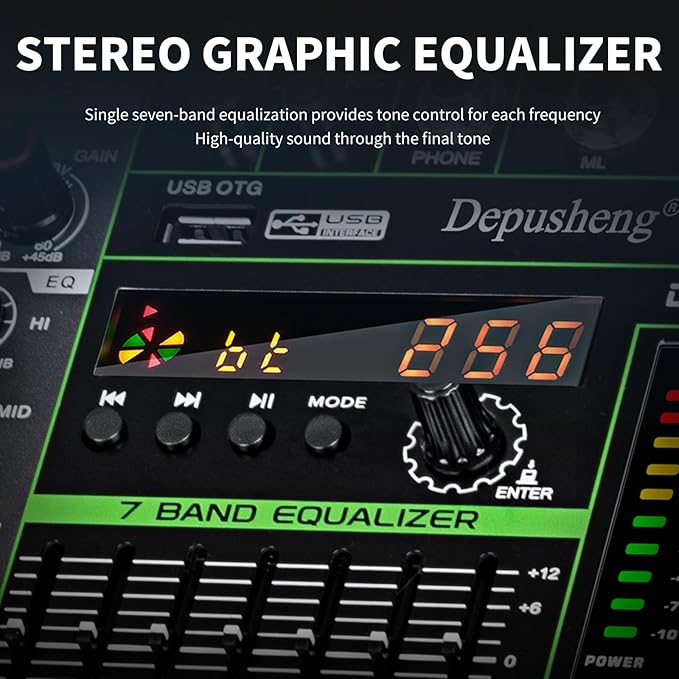 Depusheng MX12 12 Channel Sound Mixer Audio Mixing Console 48V 256DSP Professional USB PC Play Record Podcast Live Broadcast (US MX12)