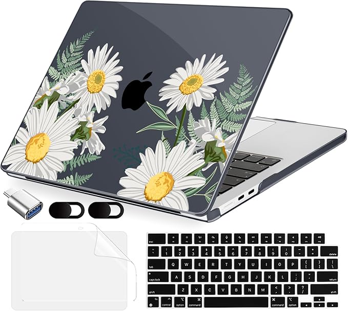 Compatible with MacBook Air 13.6 inch Case, M4 A3240/M3 A3113/M2 A2681 (Released 2025 to 2022), Hard Shell, Keyboard Cover, Screen Protector, Webcam Cover & Type-C Adapter, Daisies