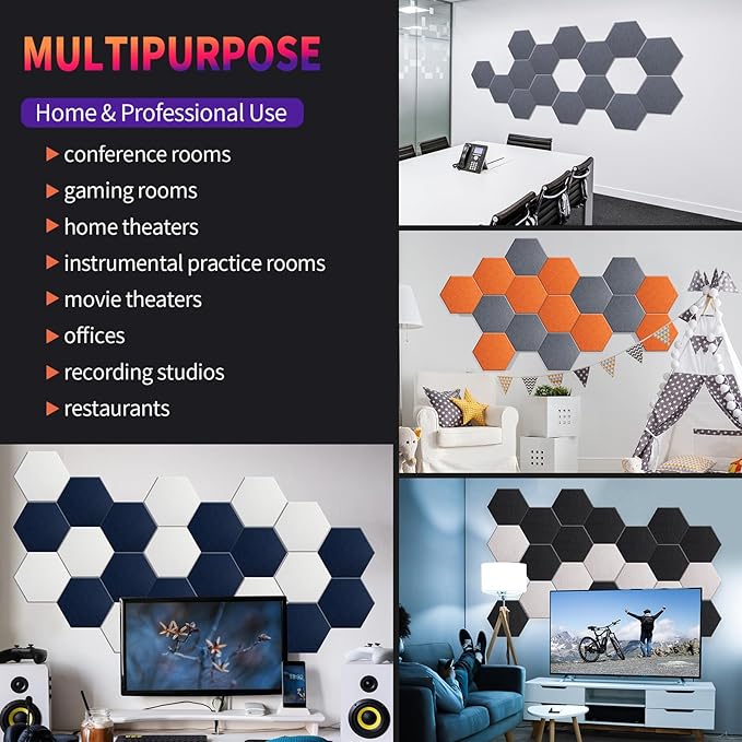 Mollywell Hexagon Acoustic Panels, High Density, Soundproofing, Decorative Noise Reduction Felt Wall Tiles for Ceilings, Home Office & Gaming Room (White), 12x10x0.4 Inch