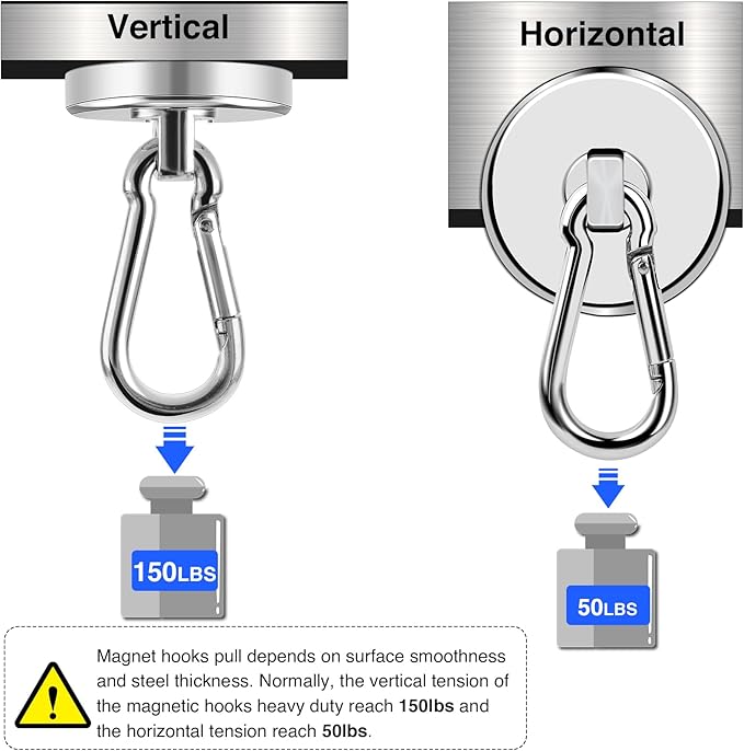 LOVIMAG Magnetic Hooks Heavy Duty, 150LBS Super Strong Magnet Hooks Magnetic Hook Cruise, Neodymium Magnets with Swivel Carabiner Hook for Hanging, Kitchen, Cruise Cabins, Grill, Tool Room-6 Pack