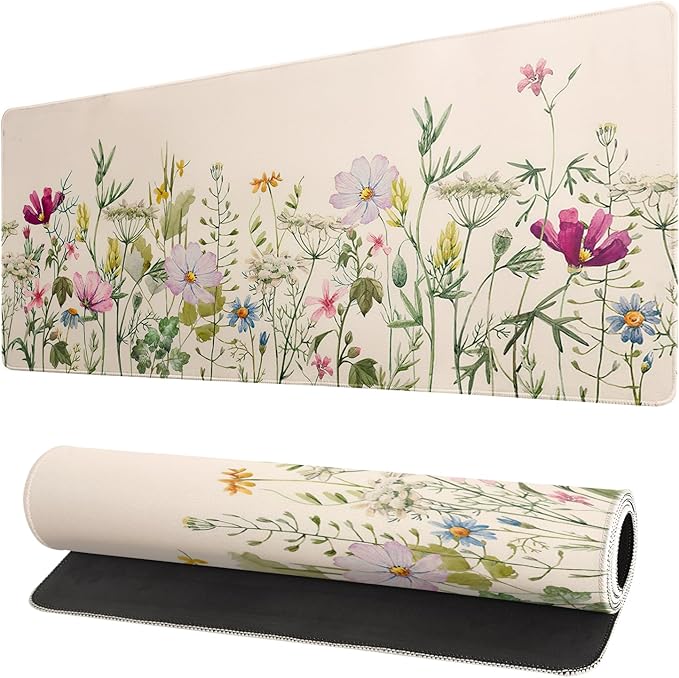 Flower Gaming Mouse Pad Large Mouse Pad for Keyboard and Mousepad Desk Mat with 3mm Non-Slip Base and Stitched Edge for Gaming and Office Computer Mat Protector Mat 31.5x11.8 Inch