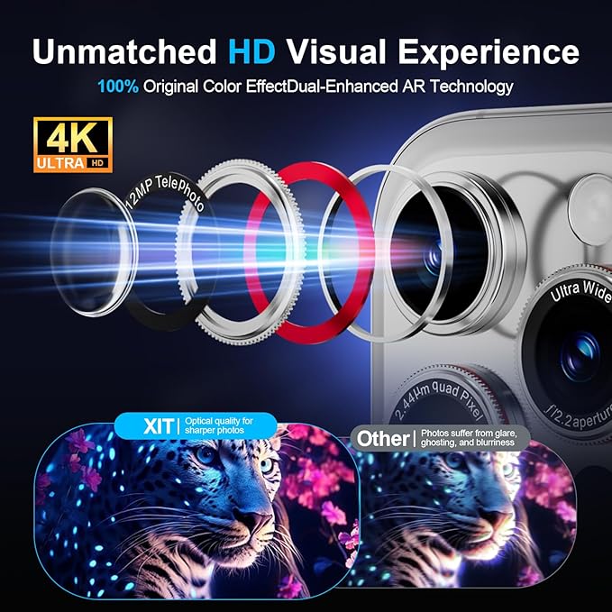X-it 2 Pack Camera Lens Protector, Shatterproof Protection Anti-Scratch Ultra HD Camera Protector, Anti-Glare 9H Tempered Glass Lens Protector for iPhone 16 Pro Max/16 Pro, Case Friendly, Silver Red