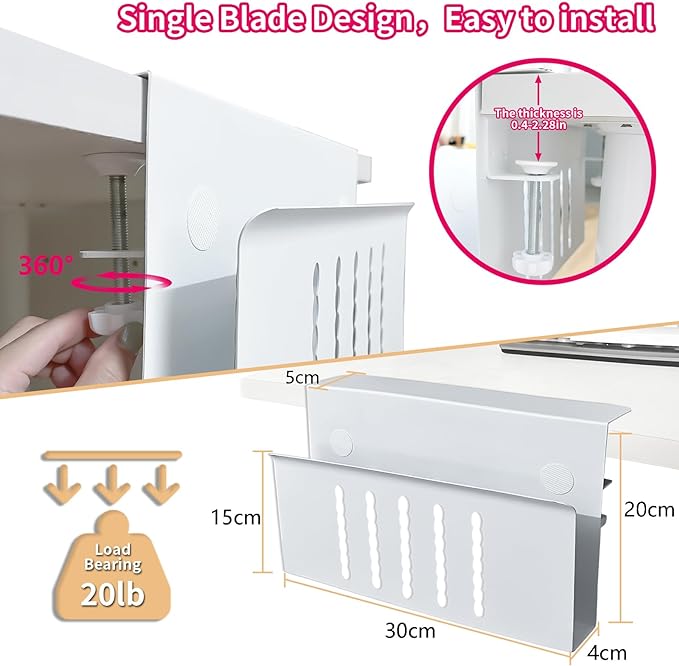Desk Side Storage, Under Desk Storage, No Drill Steel Hanging Desk Organizer, Laptop Holder, Desk Storage Holder for Office & Home.(White)