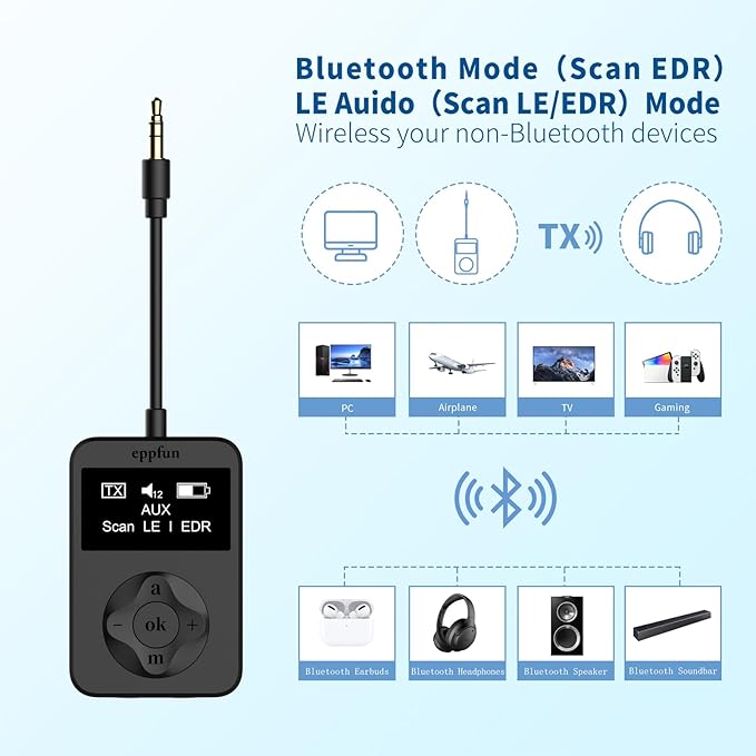 eppfun Bluetooth Auracast Transmitter, LC3, AptX Lossless, AptX HD, USBC/3.5mm Aux Inputs, Bluetooth 5.4, Qualcomm Chip, for TV, PC,Airplane,Phones