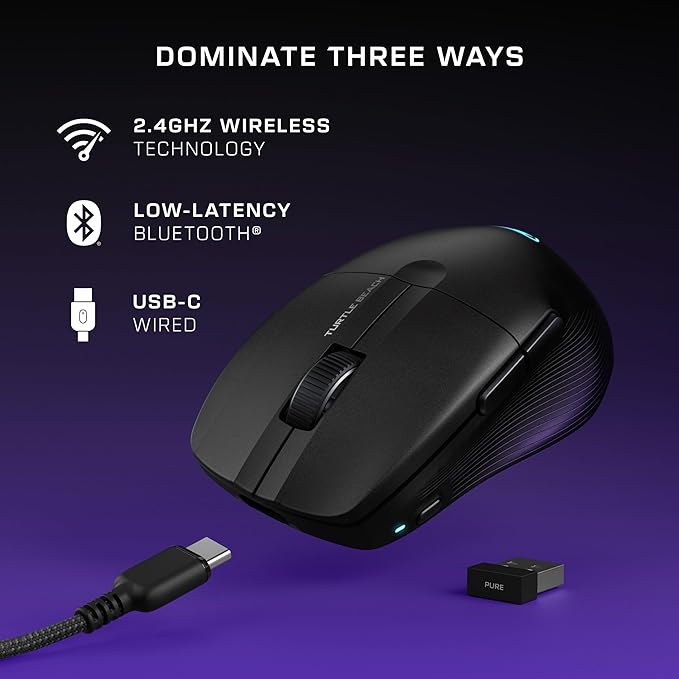 Turtle Beach Pure Air - Ultra-Light Wireless Ergonomic RGB Gaming Mouse, 26K DPI Optical Sensor, 125 Hour Battery, Dual Wireless System, Titan Optical Switches, Bluetooth, RGB Illumination - Black