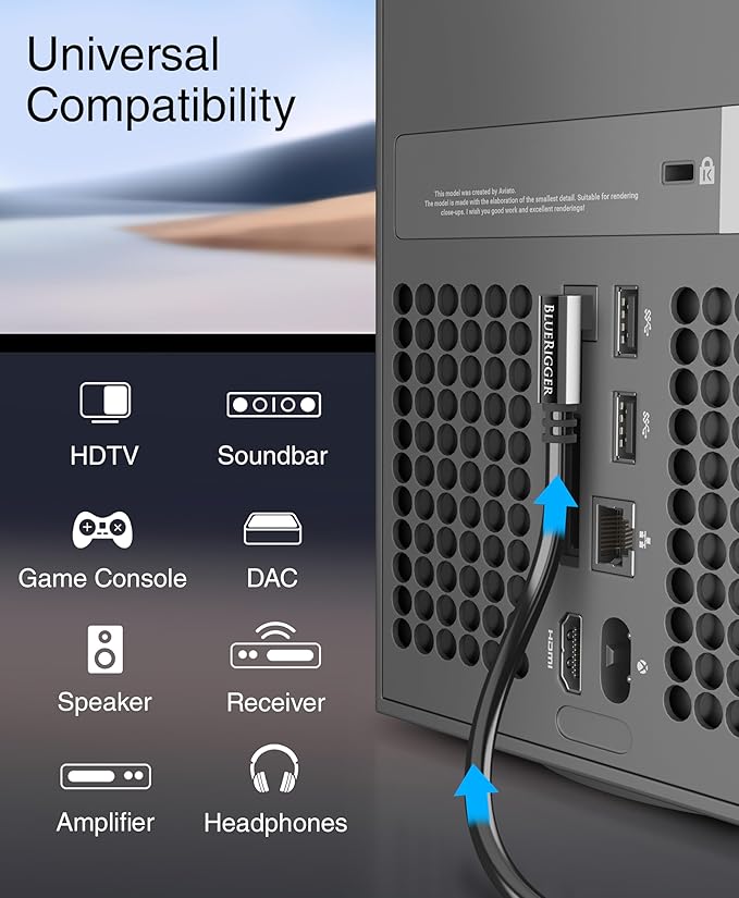 BlueRigger Optical Audio Toslink Cable - 35FT (90 Degrees Optical Cable for Soundbar, 360 Degree Rotatable Right Angle, S/PDIF Digital Toslink) - Fiber Optic Compatible with HDTV, Game Console, DVR