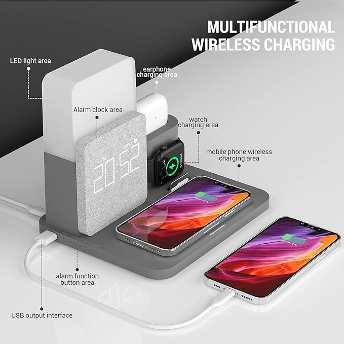 Wireless Charging Station, 3 in 1 Charging Station, Alarm Clock with Wireless Charger, Night Light, iPhone 12/13/14/15/16 Pro/13 Mini/13 Pro Max/12 pro, AirPods