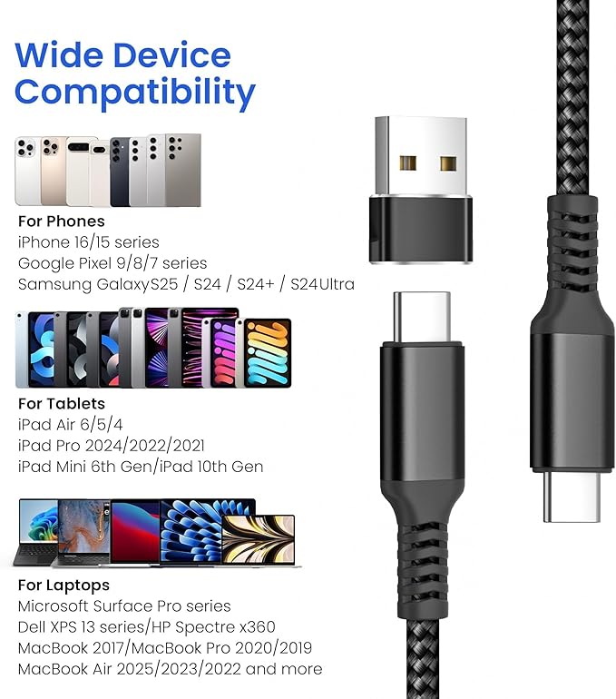 Elebase USB Type C to C 100W Car Charging Cable 6.6FT with A Adapter,Fast PD Charger Cord for iPhone 16 15 Pro Max Plus,Samsung Galaxy S23 S24, Play,MacBook Mac,iPad 9 10,Z Flip Fold 4 5,Ultra,A53 A54