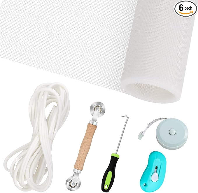 Windows Screen Replacement and Screen Door Repair Kit, 6Pcs Window Screen Fiberglass Mesh Kit - Window Screen & Screen Door Mesh & Screen Porch Repair Kit (White, 48" x 118")