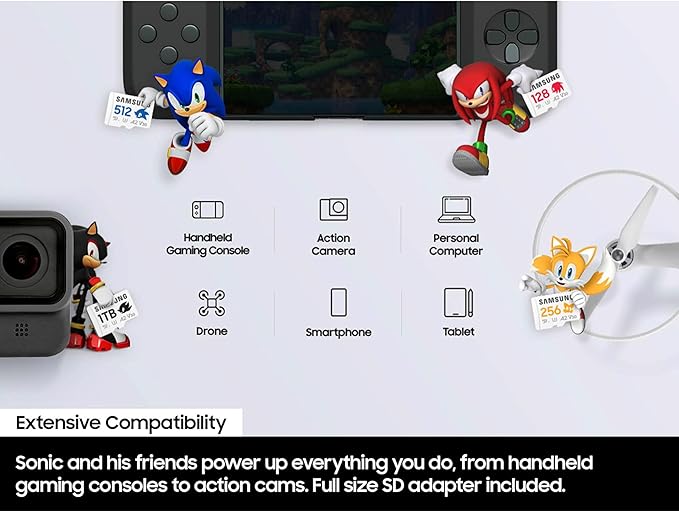 Samsung PRO Plus Sonic The Hedgehog + Adapter, 1TB microSDXC, Up-to 180MB/s, Full HD & 4K UHD, UHS-I, C10, U3, V30, A2, for Nintendo-Switch, Steam Deck, GoPRO, DJI Drone, Tablets (MB-MD1T0SA/LC1)