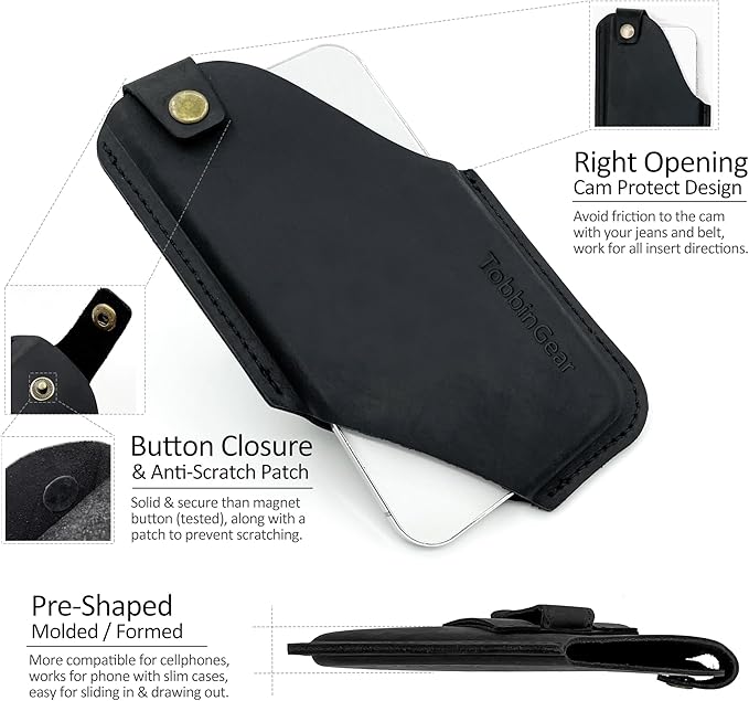 TobbinGear Left-Handed Leather Cell Phone Holster with Belt Clip, Universal Phone Holster for Men Belt Holder, Leather Case for iPhone, Samsung Galaxy Phones, Black Color