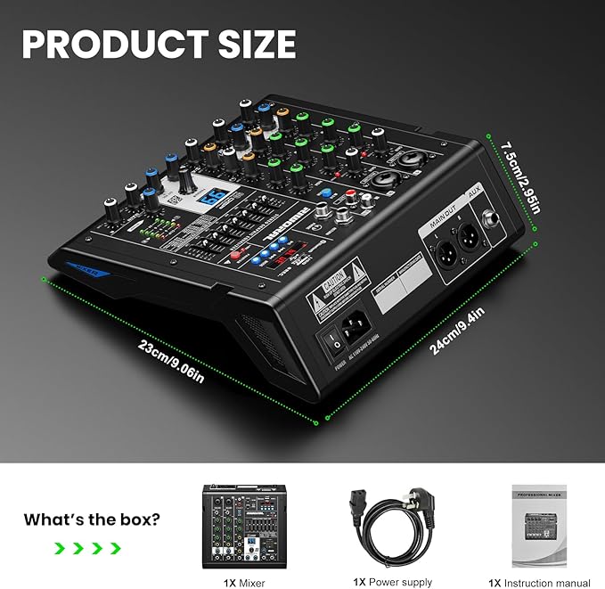 4 Channel Audio Interface DJ Mixer with 99 DSP Reverb Delay Effect USB Audio Interface +48V Phantom Bluetooth for Karaoke Studio Streaming Recording,Live Broadcasting,Podcasting
