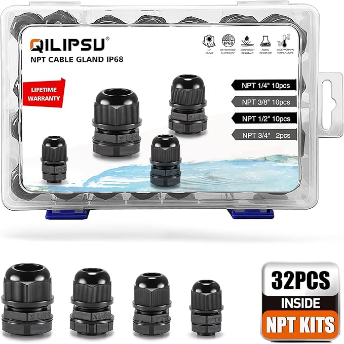 QILIPSU 32pcs NPT Cable Gland Kits 1/4" 3/8" 1/2" 3/4" Waterproof IP68 Nylon Cable Pass Through Cord Grip Connector Strain Relief Wire Grommet