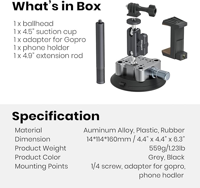 4.5" Suction Cup Camera Mount with 4.72" Extension Rod, Universal Car Mount for Cameras, Phones, Cameras with 3.84" Magic Arm