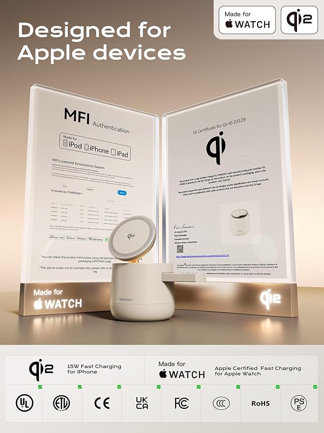 MFI Certified by Apple, 4 in 1 Magsafe Wireless Charging Station, Qi2 15W Magsafe Charger for iPhone 17/16/15/14/13/12 Series, iWatch, Airpods, iPad, 65W Charger Included (Sand, 3 in 1)