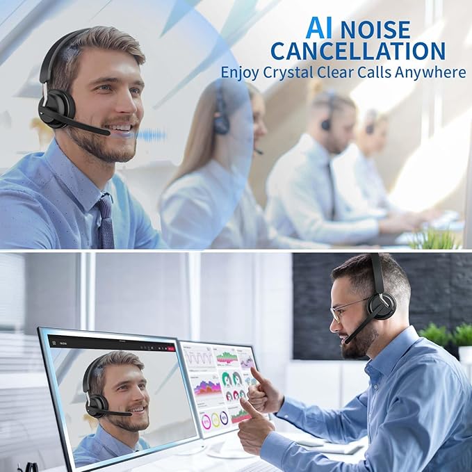 Wireless Headset with Mic for Work, Bluetooth 5.3 Headset with AI Noise Cancelling Microphone & Call Reminder, Wireless Headphone with Voice Assistant for PC/Computer/Remote Work/Call Center/Zoom
