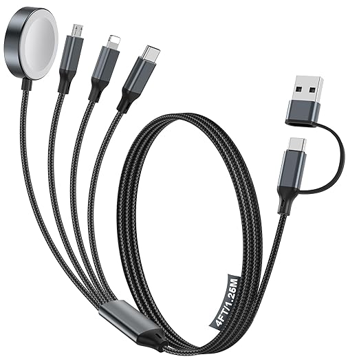 4-in-2 Charging Cable for Apple Watch Charger/Samsung/iPhone Charger,Car/Travel Essentials,Type C Cable Multi Cord for iWatch Ultra/10-2/iPhone 16-11/Samsung S25-S20,PlayStation 4,iPad,airPods-Black