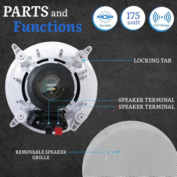 Vaiyer Home Audio System Kit, 6-Channel 6000 Watts Bluetooth Amplifier with 5.25" 12 QTY of 175 W Each in-Wall in-Ceiling Speakers & 16 AWG 500 ft. Speaker Wire - Perfect for Home, Office, Restaurants