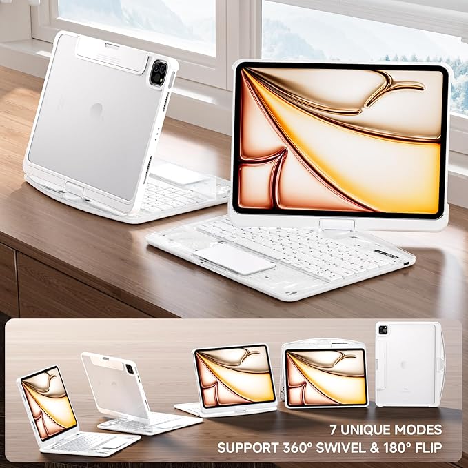 Transparent Case with Keyboard iPad Air (M3/M2,2025/2024) 11 Inch,Compatible 10.9" iPad Air 5th/4th & 11" iPad Pro 4/3/2/1,7-Color Backlit,Wireless Keyboard, 360°Rotating,with trackpad,White