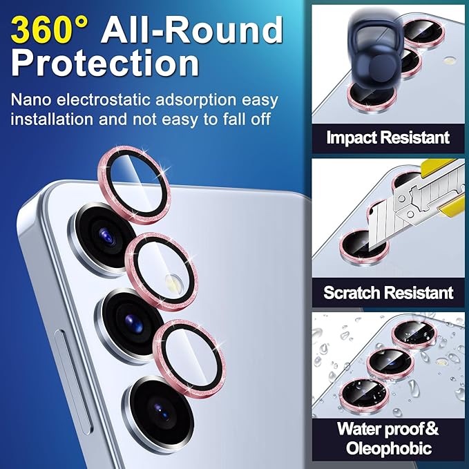for Samsung Galaxy S25 Plus Camera Lens Protector, Individual Metal Ring Tempered Glass Lens Cover, [Strong Adsorption] Scratch Resistant Ultra-Thin HD Clear Lens Cover, 1 Set-Pink Sparkly