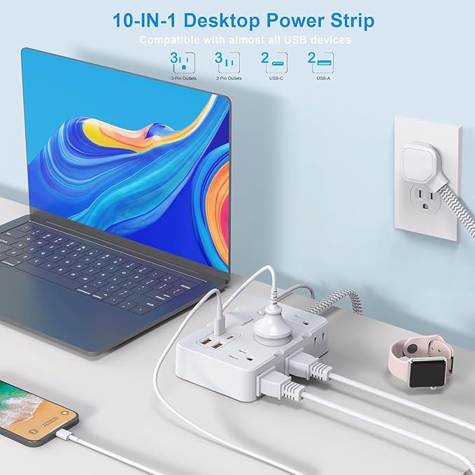 Surge Protector Power Strip 5 Ft Cord, Ultra Thin Flat Extension Cord with 6 Outlets 4 USB Ports(2 USB C), Flat Plug Power Strip, Braided Power Cord for College Dorm Room Essentials
