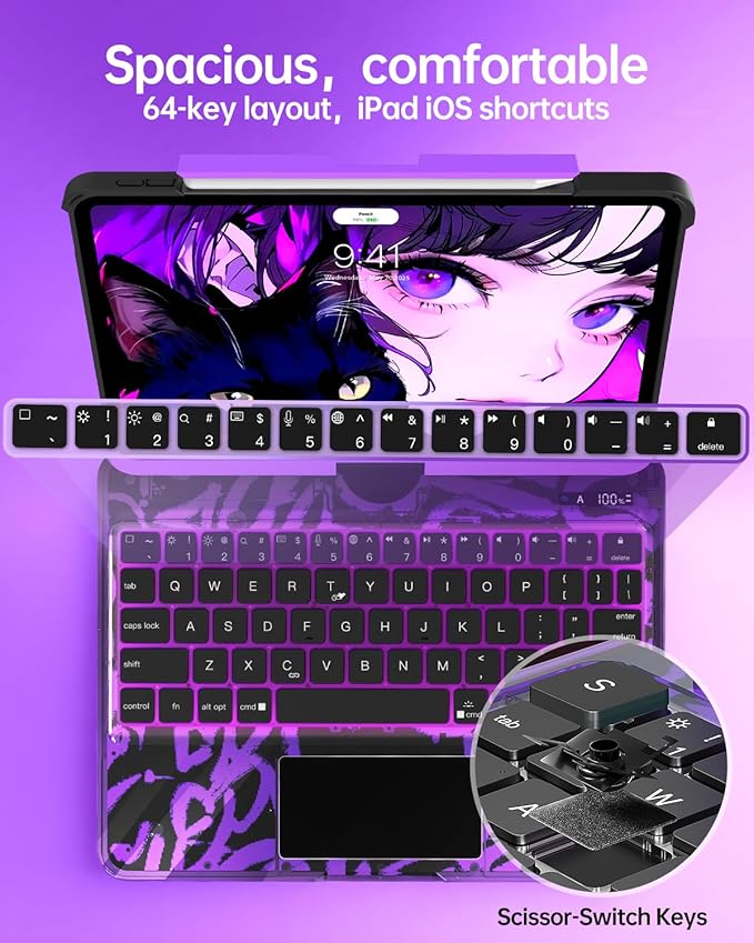 Intermerge Clear iPad A16 11th (2025) & 10th Generation 10.9" Case with Keyboard, 360° Transparent Multi-Touch Trackpad, 7-Color RGB Keyboard, Pencil Holder, Type-C, Power Indicator, Neon Pulse