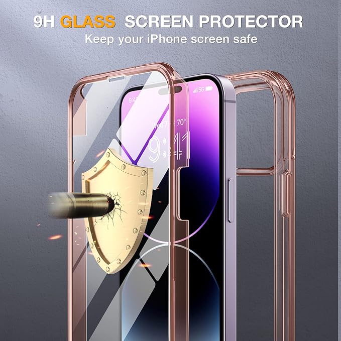 Miracase Glass Series Designed for iPhone 14 Pro Max Case 6.7 Inch, Upgrade Full-Body Bumper Case with Built-in 9H Tempered Glass Screen Protector, with Camera Lens Protector, Clear Pink