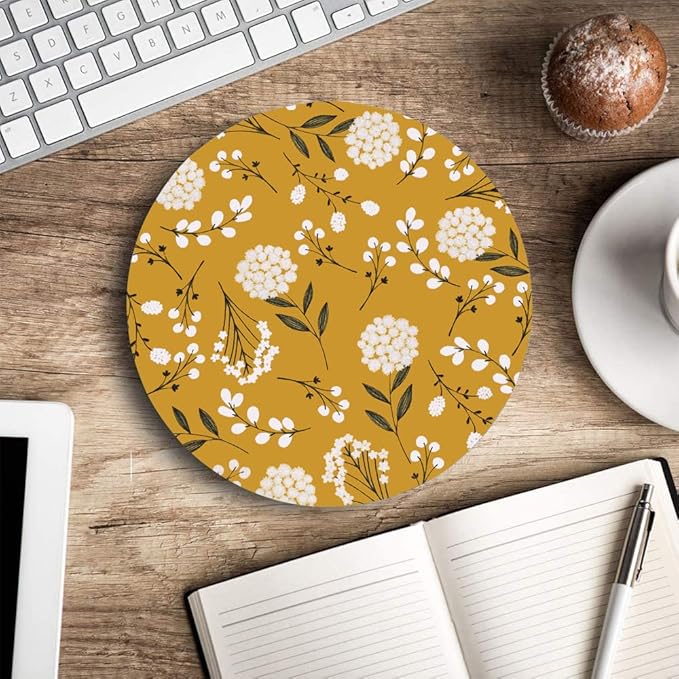 Round Mouse Pad, Cute Floral Mouse Pad with Design, Computer Mouse Mat, Non-Slip Rubber Base Mousepad, Waterproof Women Office Mouse Pads, Yellow Flowers