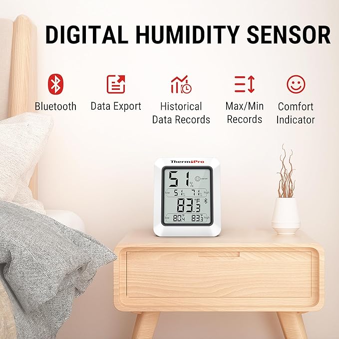 ThermoPro Hygrometer Thermometer for House TP350, Bluetooth Room Indoor Greenhouse Thermometer Monitor Up to 260FT, Backlit Humidity Meter Temperature Sensor with 2-Year Data Export
