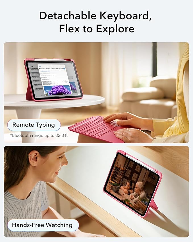 ESR iPad 11th (A16) 2025/10th Gen Flex Keyboard Case, Ultra-Light Magnetic Detachable Keyboard for iPad 10.9" with Writing/Viewing Modes, Larger Precision Trackpad, Pink